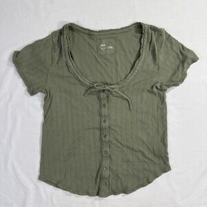 Aerie Olive Green Ribbed Button Front Tie Neck Short Sleeve Top Size Large
